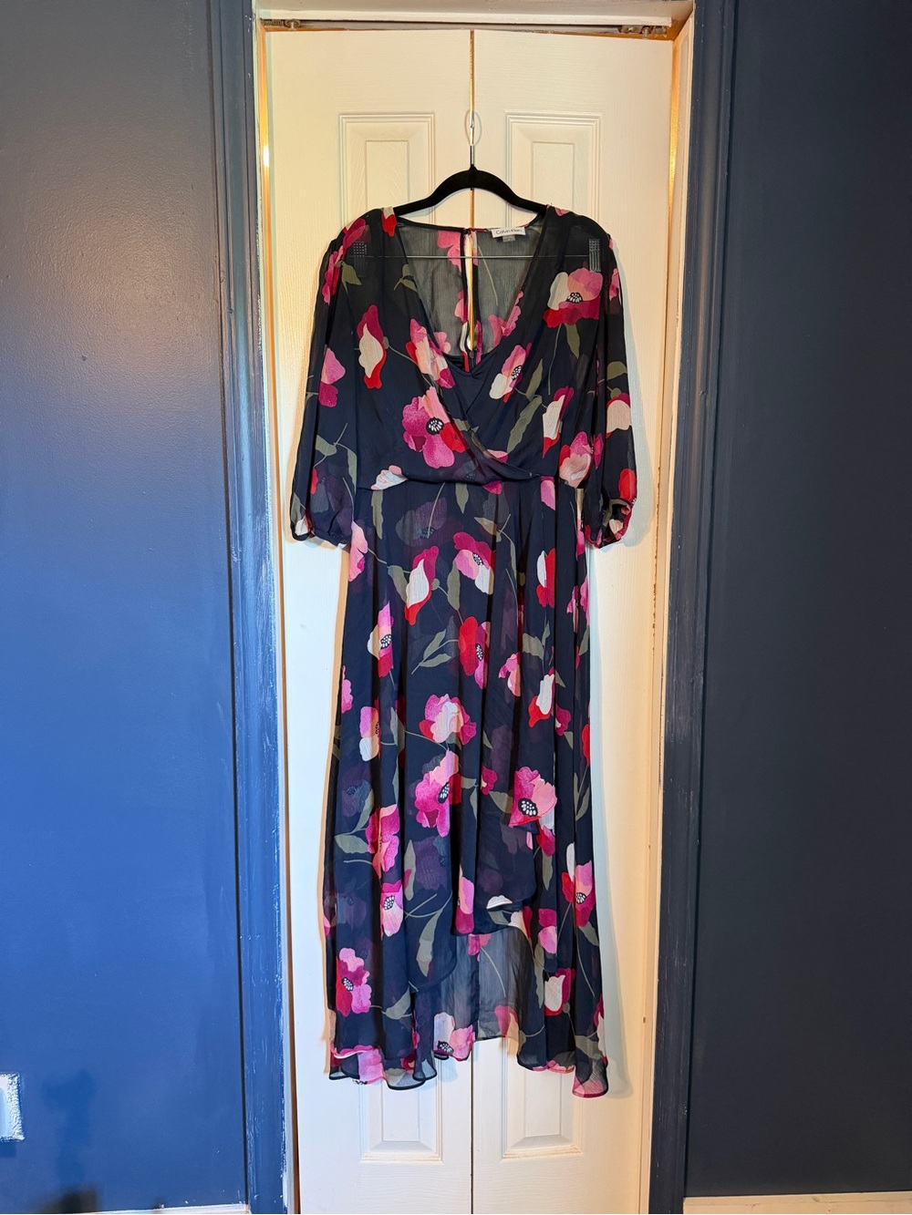 Calvin Klein Navy Floral Wrap Dress with Pink Blooms